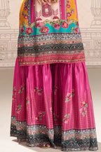 Magenta Crepe Silk Mirror And Swarovski Embroidered Printed Suit With Gharara