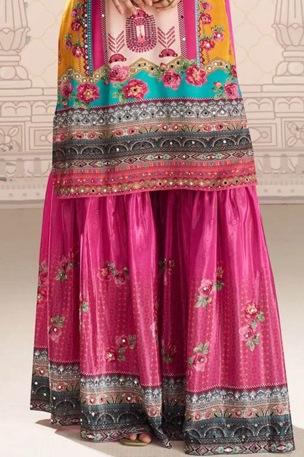 Magenta Crepe Silk Mirror And Swarovski Embroidered Printed Suit With Gharara