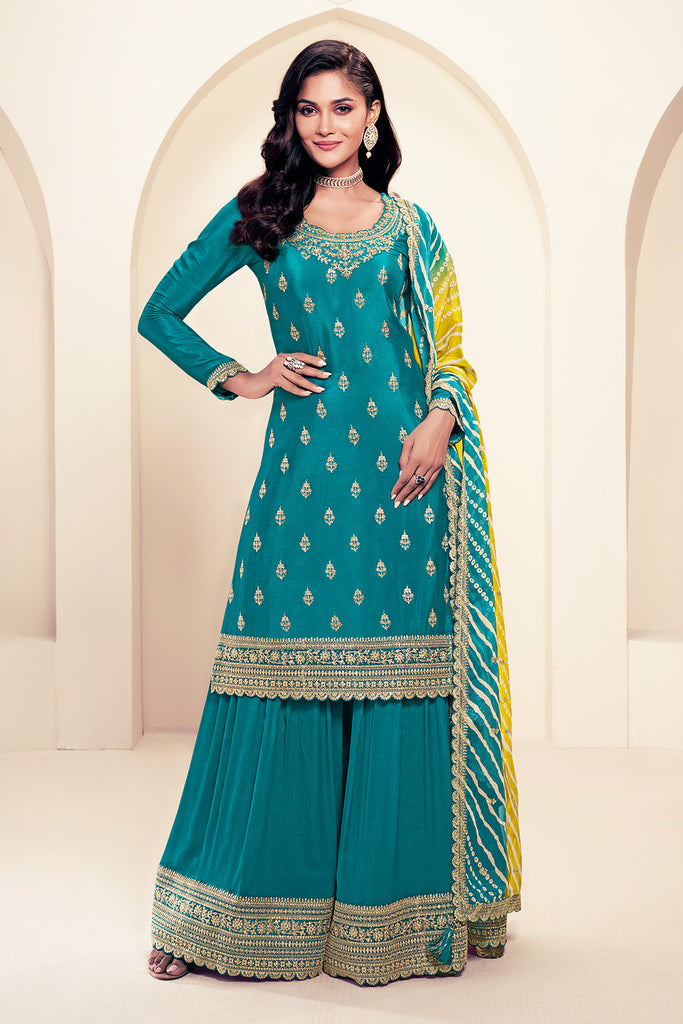 Teal Silk Embroidered Unstitched Suit Material With Readymade Palazzo