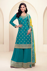 Teal Silk Embroidered Unstitched Suit Material With Readymade Palazzo