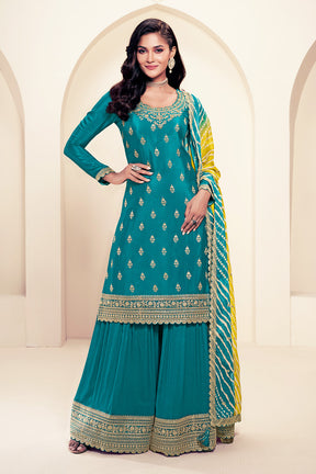 Teal Silk Embroidered Unstitched Suit Material With Readymade Palazzo