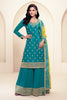 Teal Silk Embroidered Unstitched Suit Material With Readymade Palazzo
