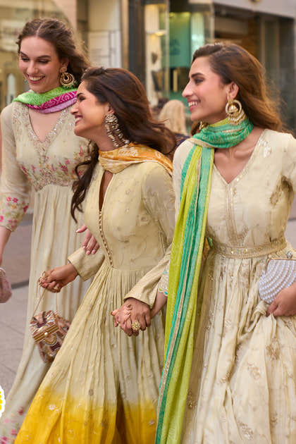 Cream & Mustard Ombre Embroidered Anarkali Suit