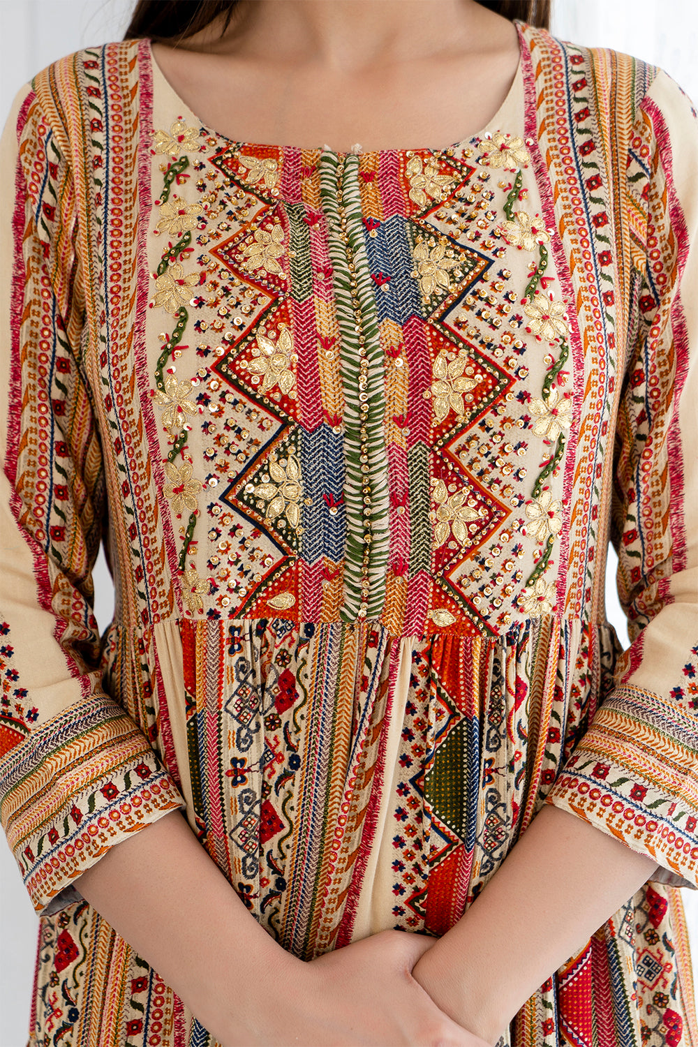Beige Color Cotton Embroidered Anarkali Kurta