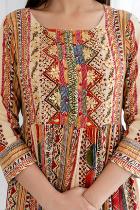 Beige Color Cotton Embroidered Anarkali Kurta