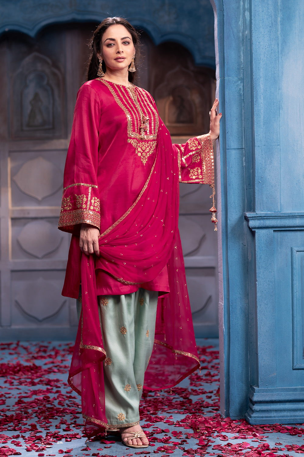 Cherry Red Sequins And Zari Embroidered Silk Suit Set