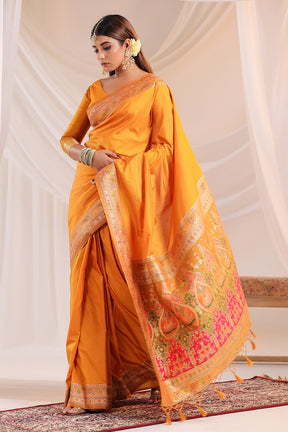 Mustard Soft Silk Kalamkari Woven Saree