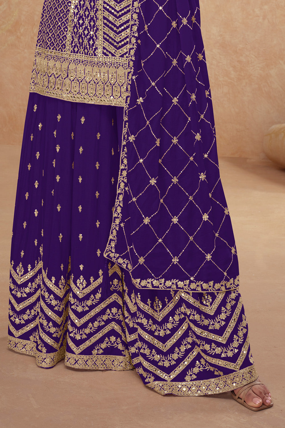 Crepe Silk Sequins & Zari Embroidered Suit With Embroidered Sharara