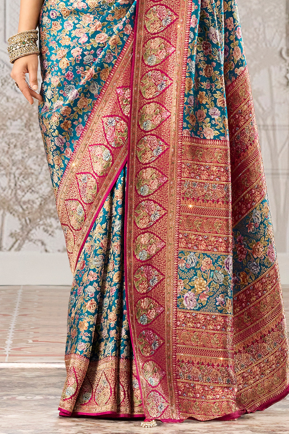 Blue Color Position Print Woven Silk Saree With Swarovski Work