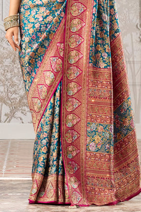 Blue Color Position Print Woven Silk Saree With Swarovski Work