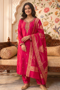 Maroon Neck-Embroidered Suit With Woven Dupatta