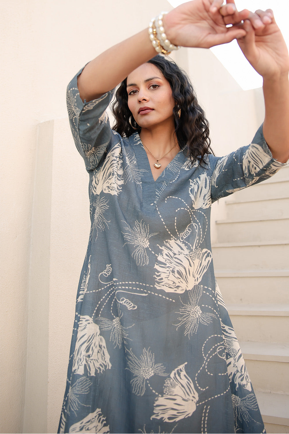 Grey Color Chanderi Printed Kurta Set