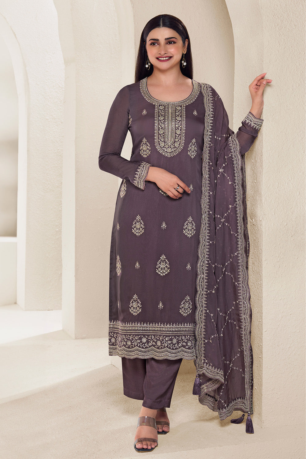 Faded Purple Color Muslin Resham Embroidered Unstitched Suit Material