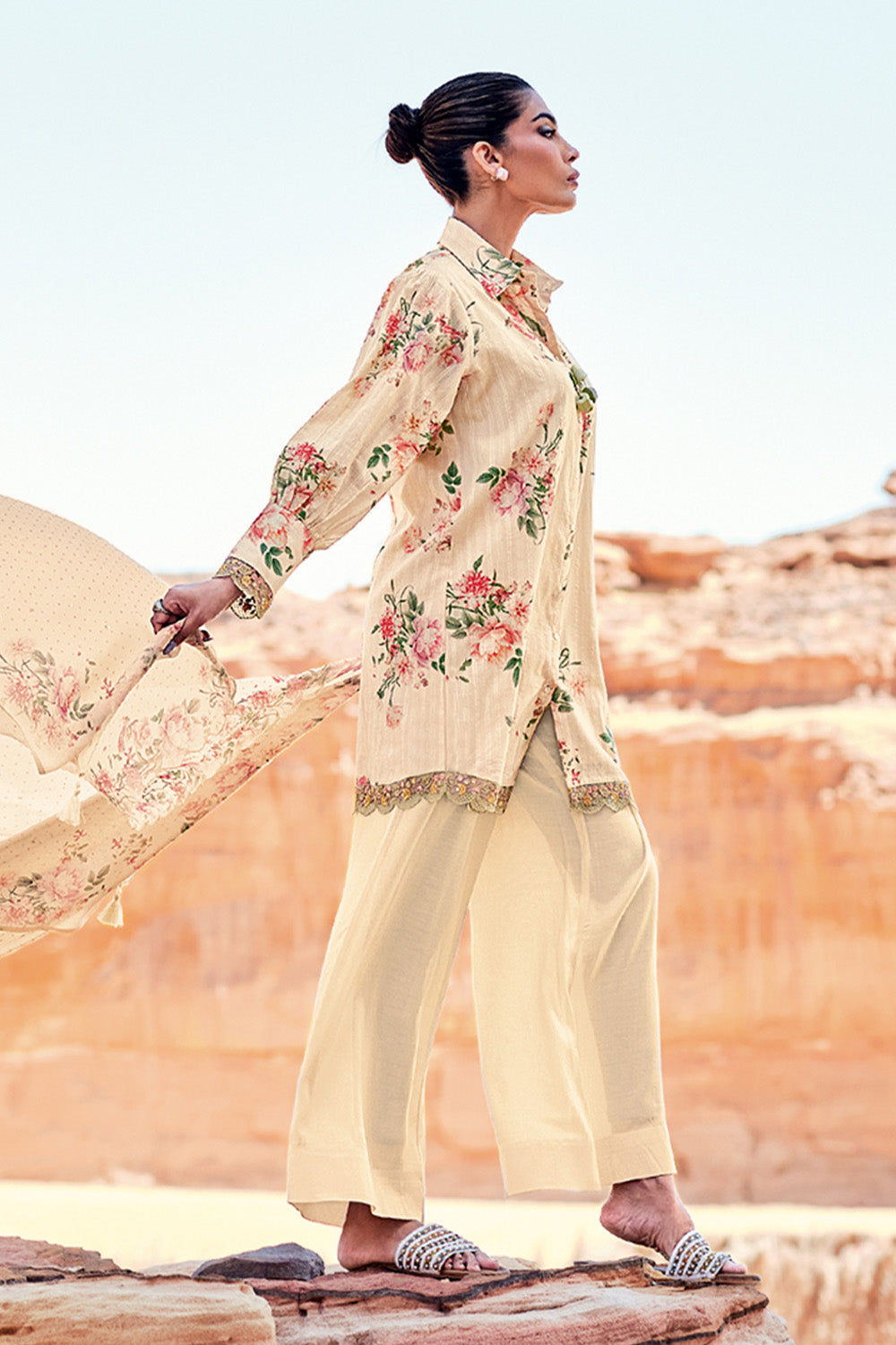 Beige Colour Cotton Floral Printed Unstitched Suit Fabric