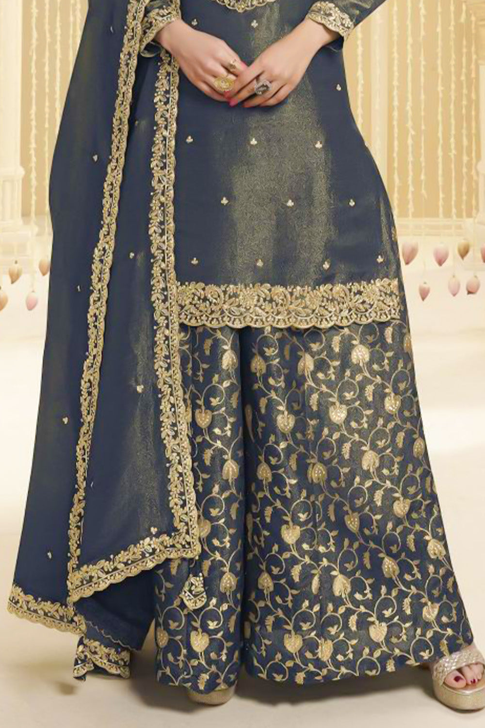 Navy Blue Color Metallic Tissue Zari Embroidered Suit With Woven Palazzo
