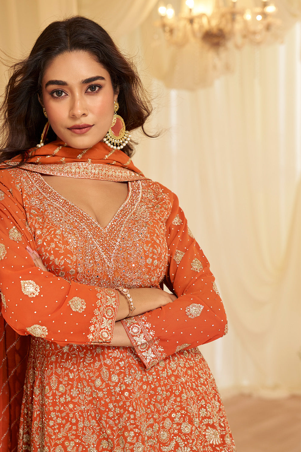 Orange Georgette Embroidered Anarkali Suit Set