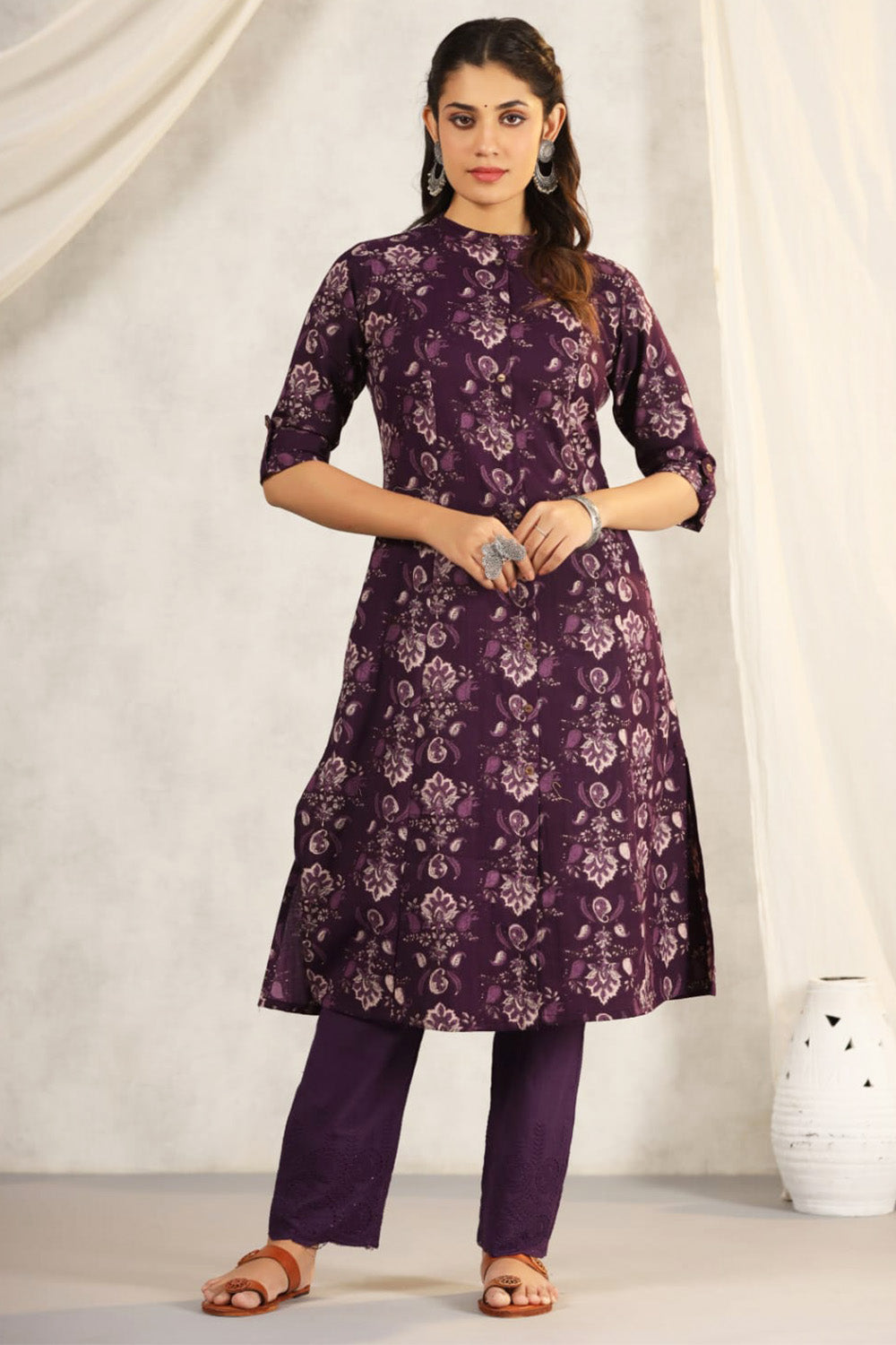 Purple Color Printed Linen Cotton Kurta Set