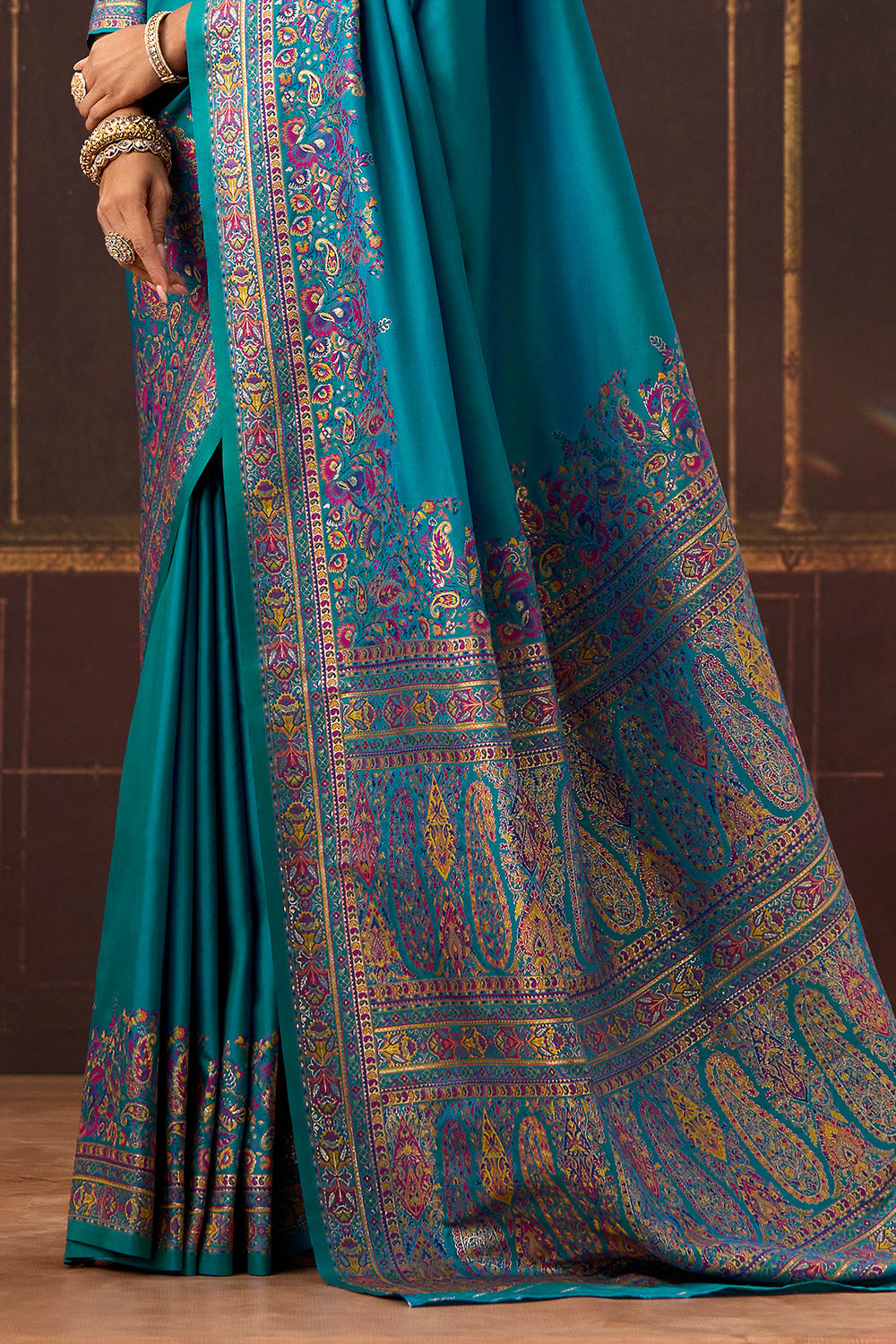 Pacific Blue Soft Silk Kalamkari Woven Saree