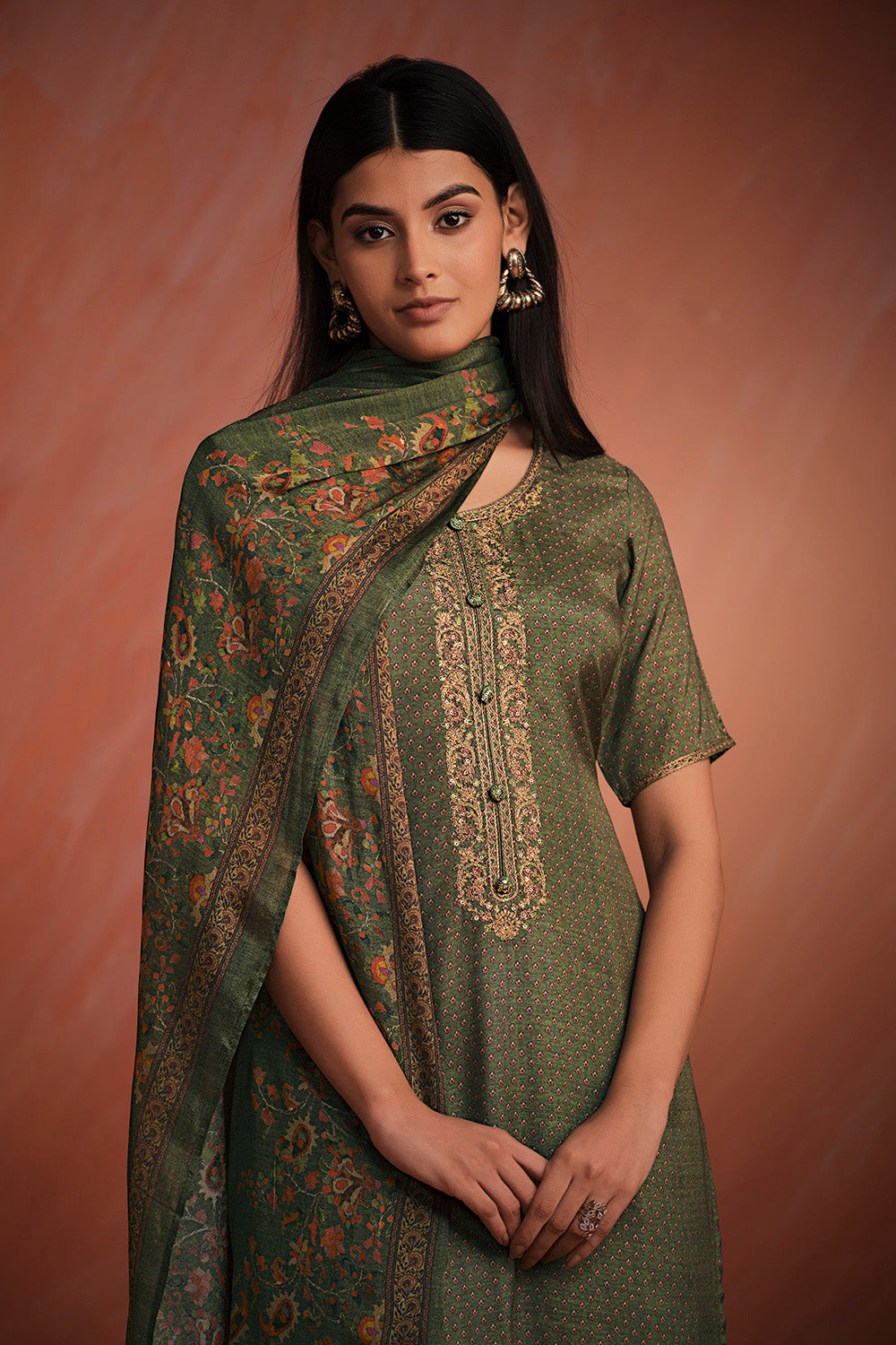 Sage Green Colour Printed Pashmina Unstitched Suit Fabric
