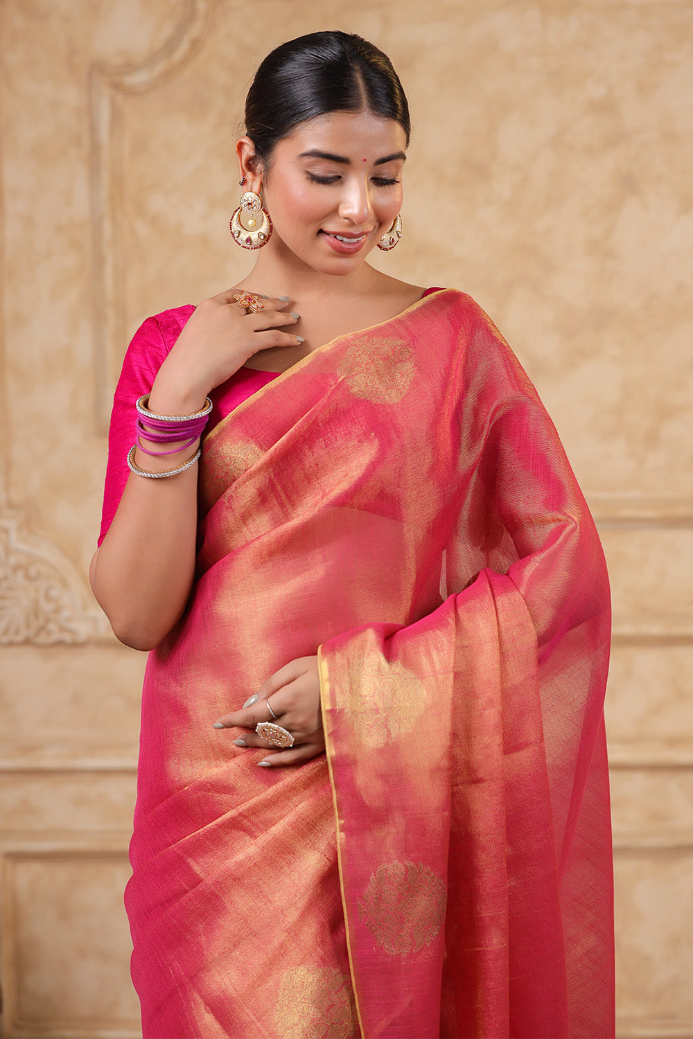 Fuchsia Pink Color Organza Cotton Golden Zari Woven Saree