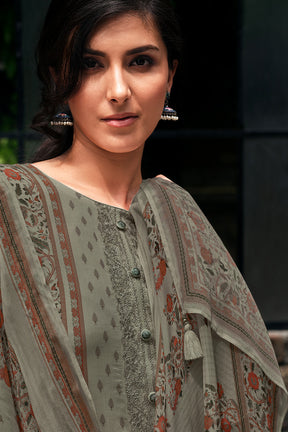 Olive Grey Color Crepe Silk Printed Unstitched Suit Material