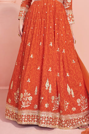 Orange Georgette Resham, Zari and Sequins Embroidered Alia Cut Anarkali Gown