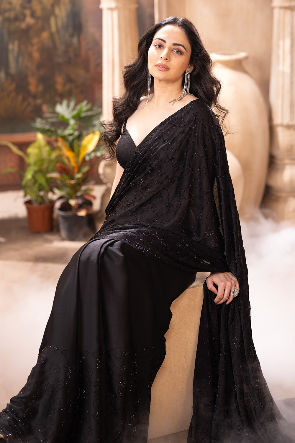 Black Satin Silk Swaroski Work Saree