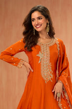 Orange Crepe Silk Zari and Sequins Embroidered Anarkali Suit