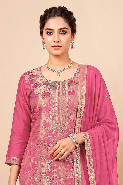 Pink Silk Woven Unstitched Suit Fabric