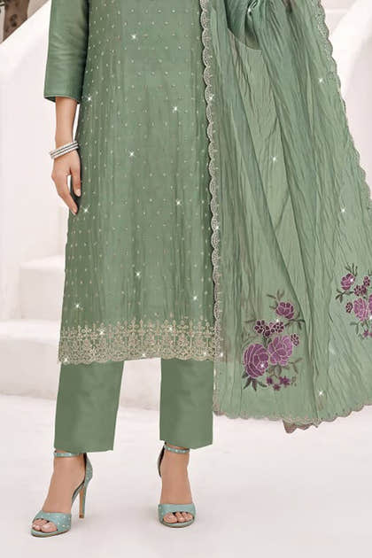 Sea Green Organza Resham Embroidered Unstitched Suit Material