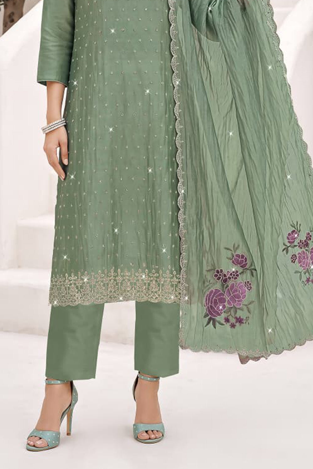 Sea Green Organza Resham Embroidered Unstitched Suit Material