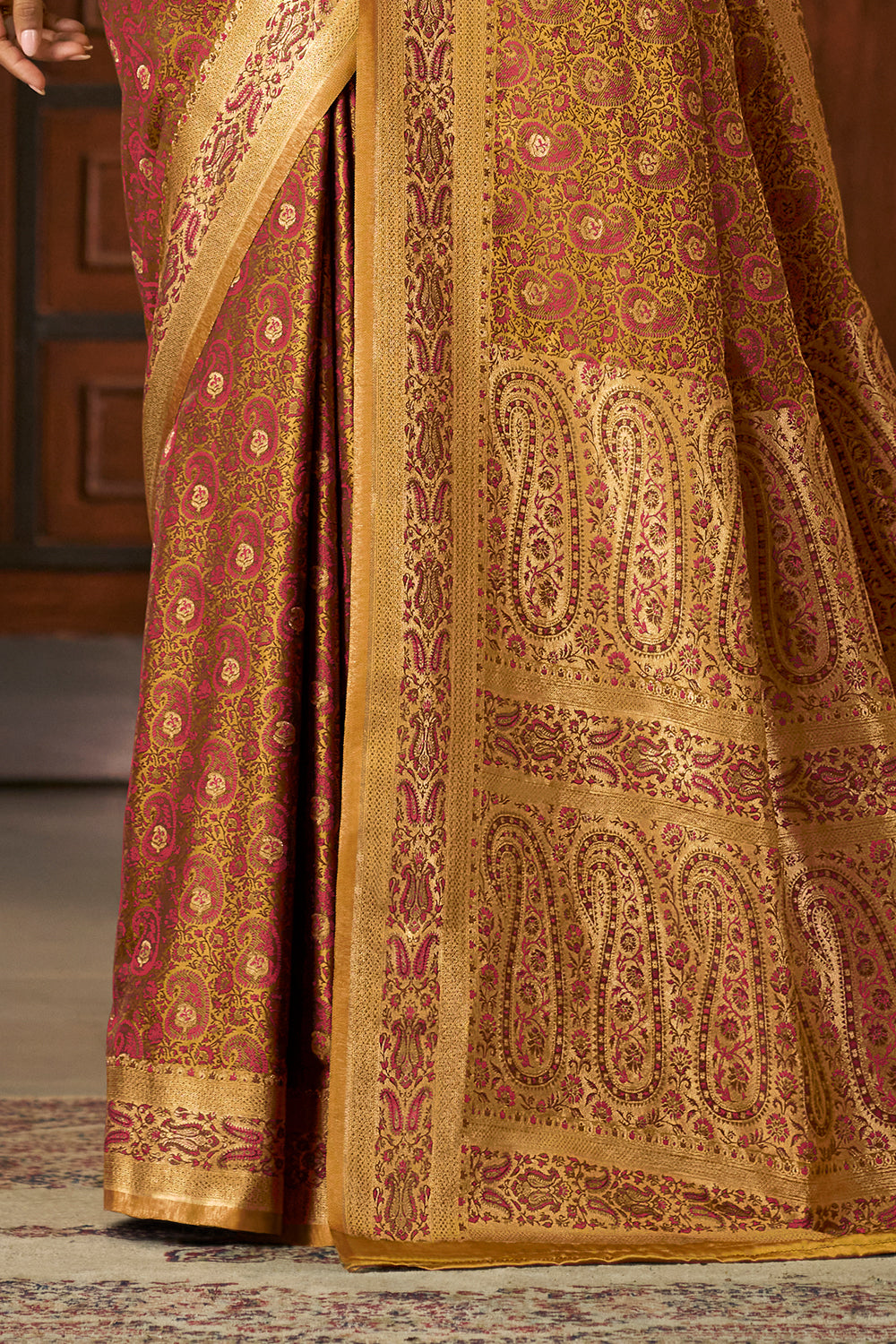 Mustard Silk Minakari Woven Saree