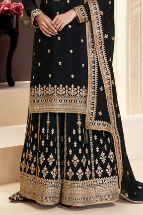 Black Color Embroidered Chinon Silk Unstitched Suit Fabric with Embroidered Palazzo