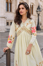 Cream Silk Floral Printed And Zari Embroidered Alia Cut Anarkali Gown