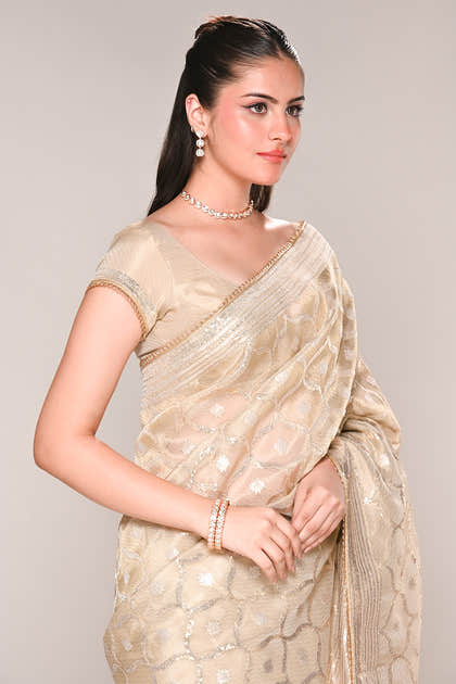Beige Color Tissue Silk Resham & Sequins Embroidered Saree