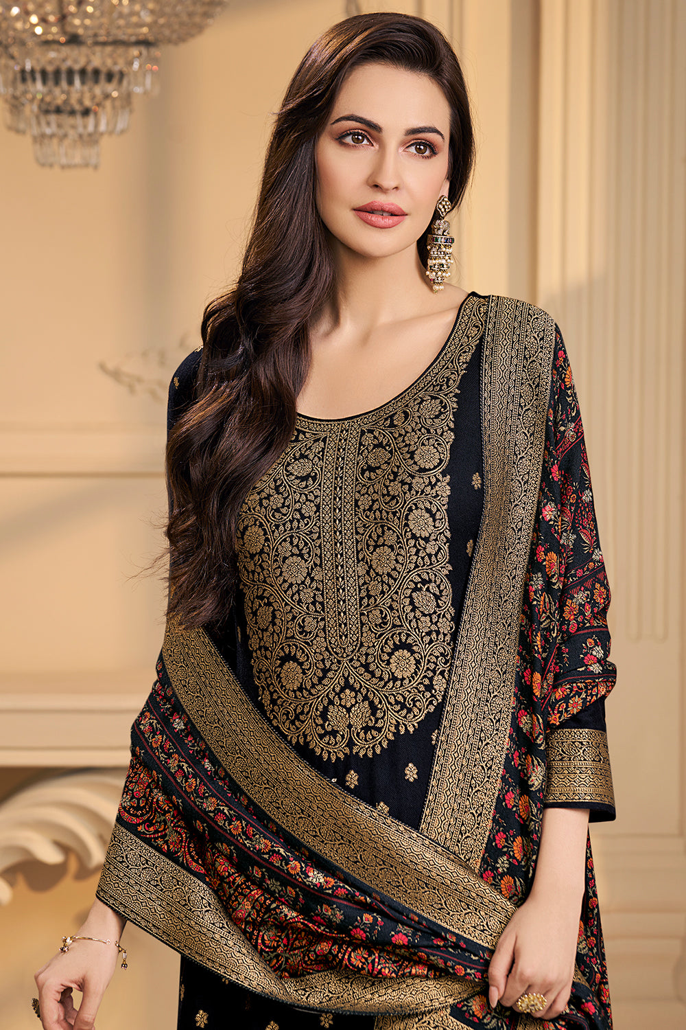 Black Pashmina Zari Woven Unstitched Suit Fabric