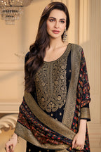 Black Pashmina Zari Woven Unstitched Suit Fabric