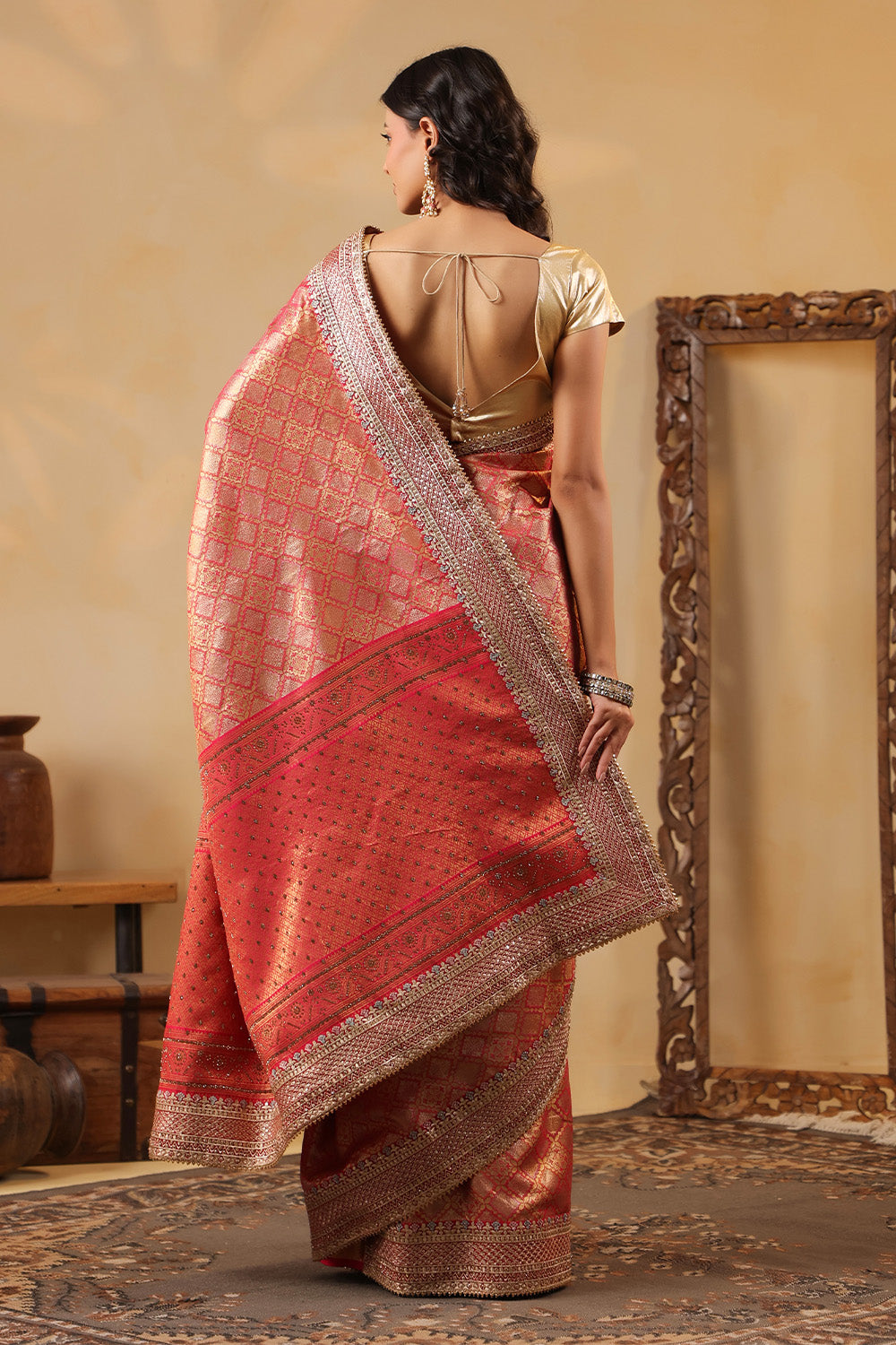 Cherry Red & Gold Color Woven Saree
