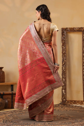 Cherry Red & Gold Color Woven Saree