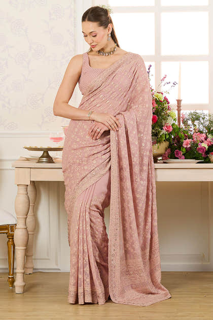 Dusty Pink Georgette Embroidered And Swaroski Work Saree