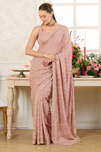 Dusty Pink Georgette Embroidered And Swaroski Work Saree