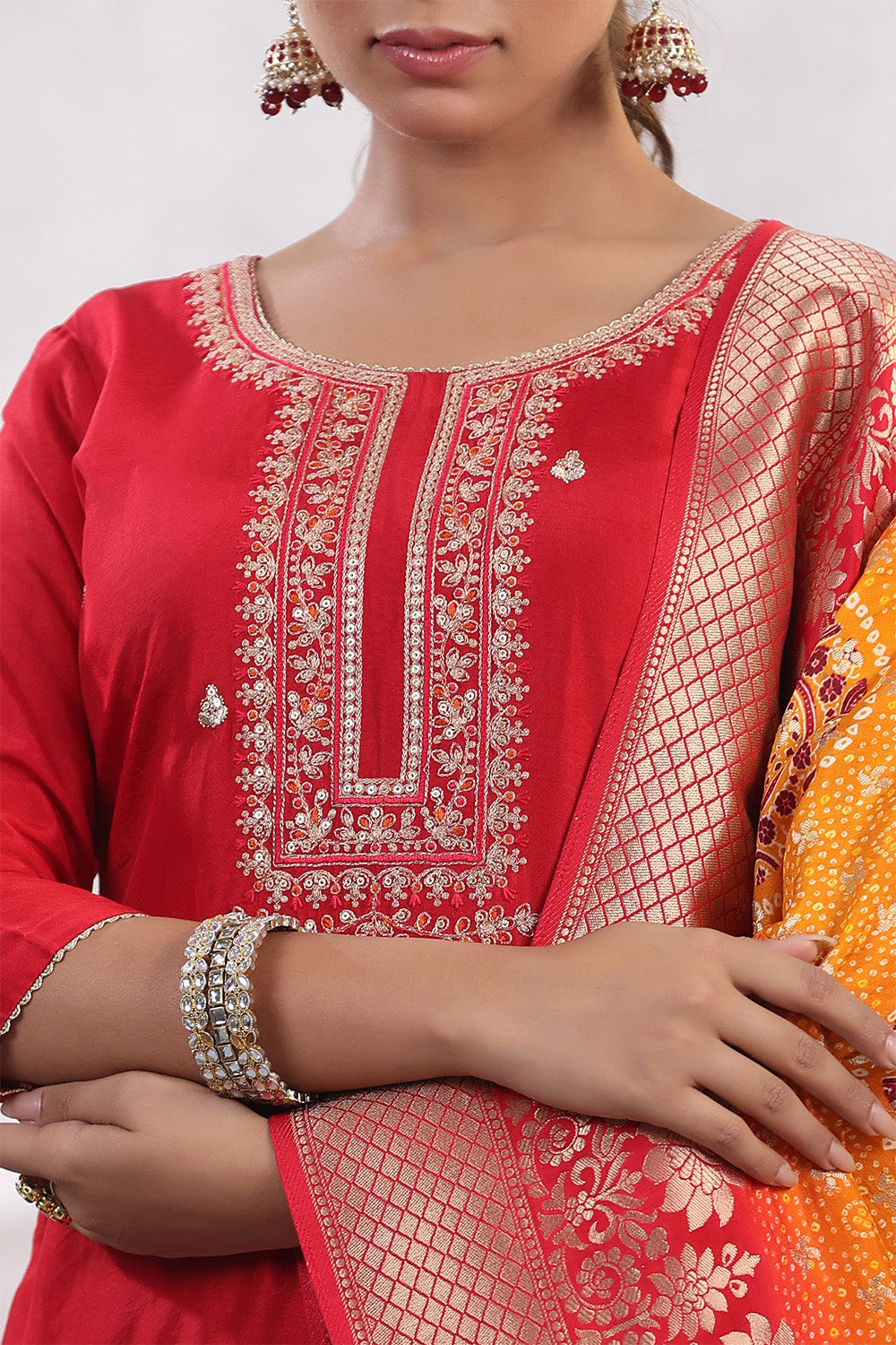 Red Color Chanderi Silk Embroidered Unstitched Suit Material With Bandhani Printed Duppata