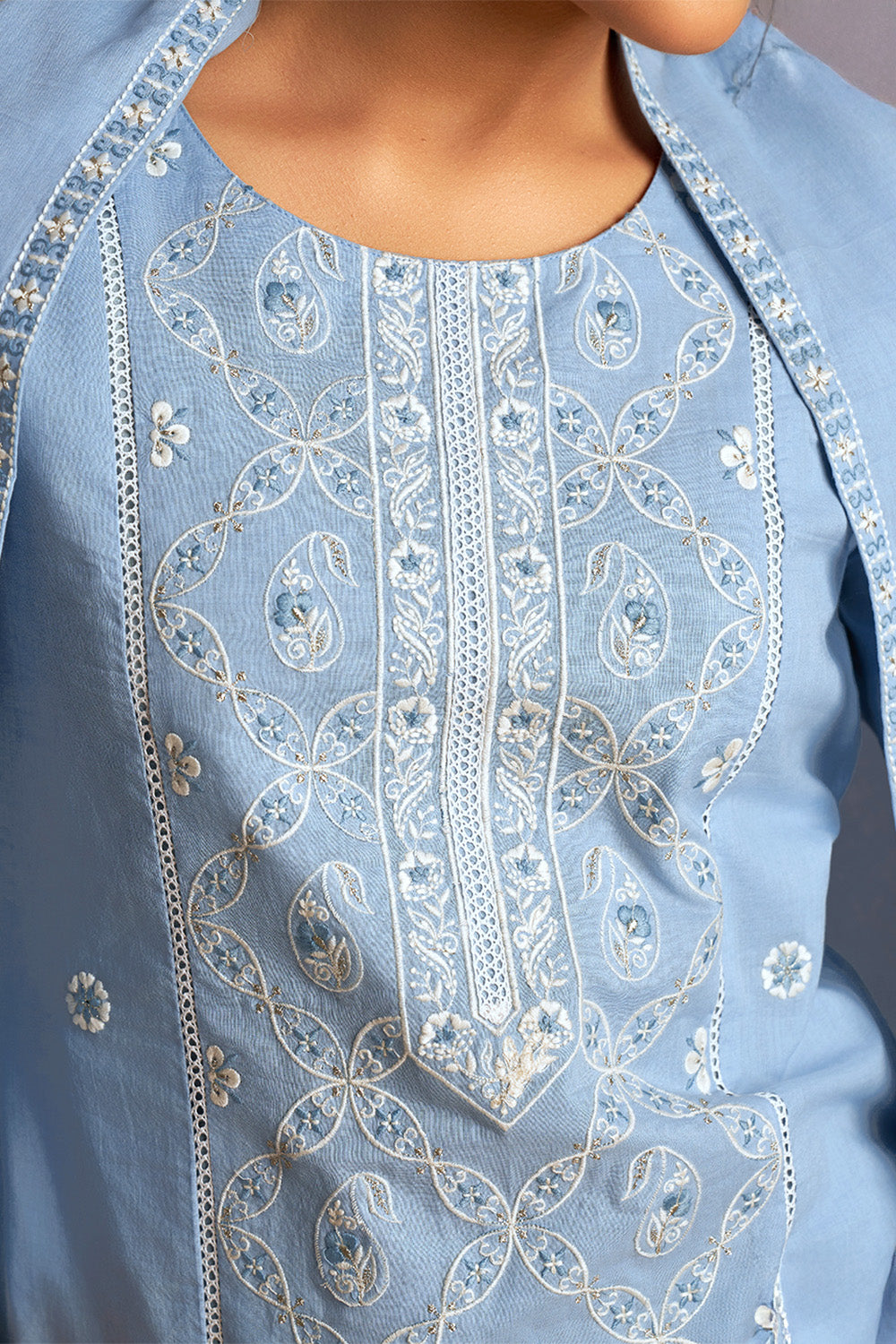 Powder Blue Color Cotton Resham Embroidered Suit