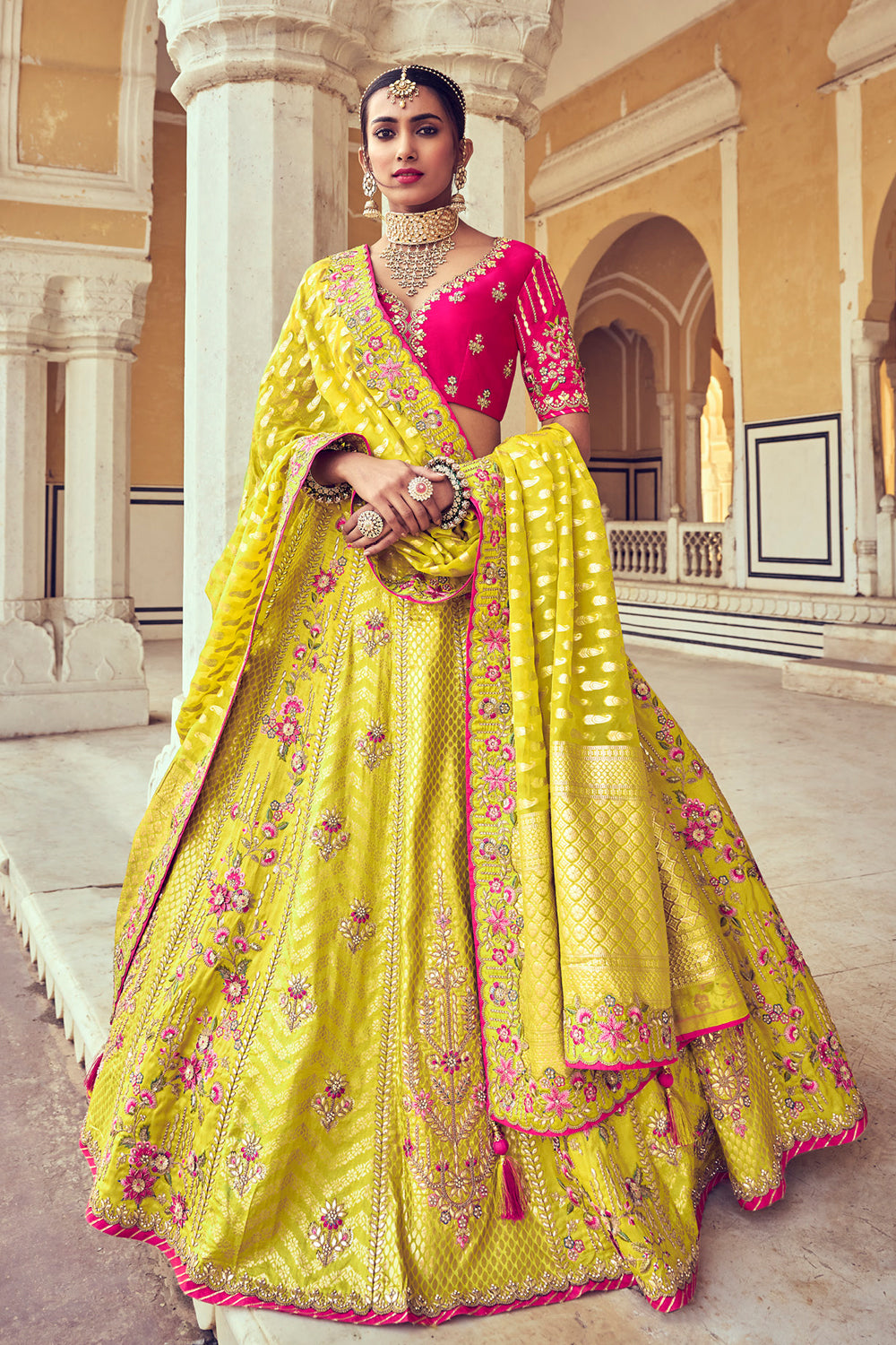 Mustard Color Silk Embroidered Unstitched Lehenga.