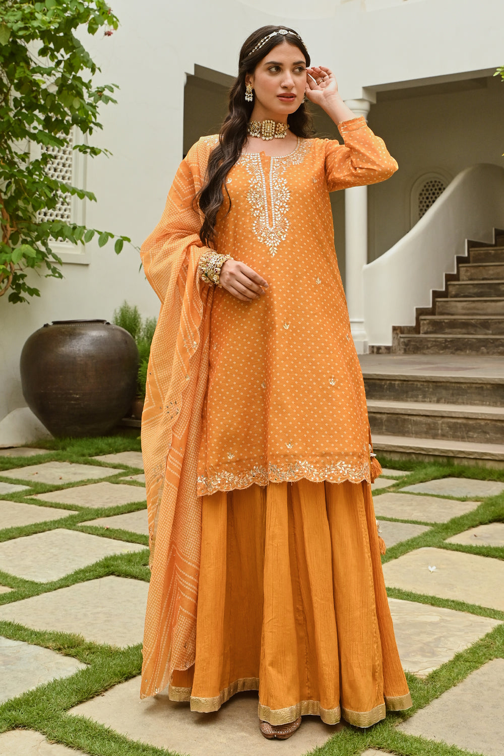 Mustard Color Chanderi Printed Suit With Skirt
