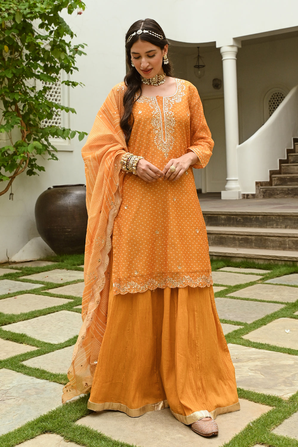Mustard Color Chanderi Printed Suit With Skirt