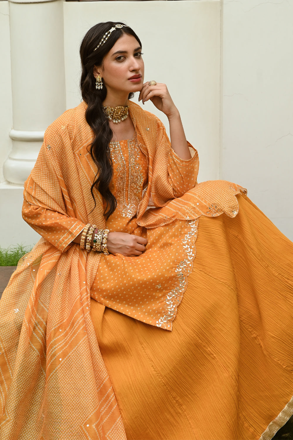 Mustard Color Chanderi Printed Suit With Skirt
