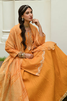 Mustard Color Chanderi Printed Suit With Skirt