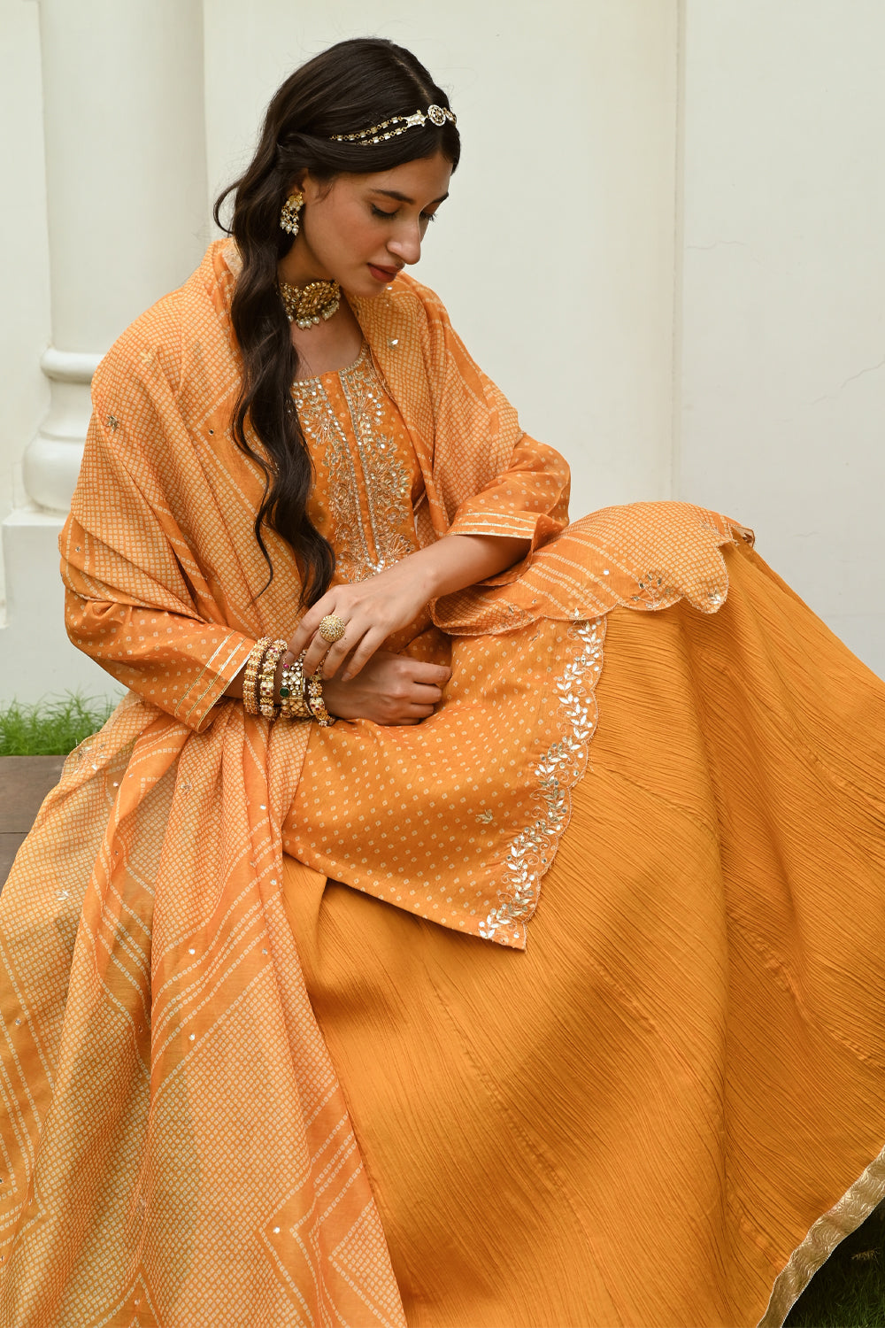 Mustard Color Chanderi Printed Suit With Skirt
