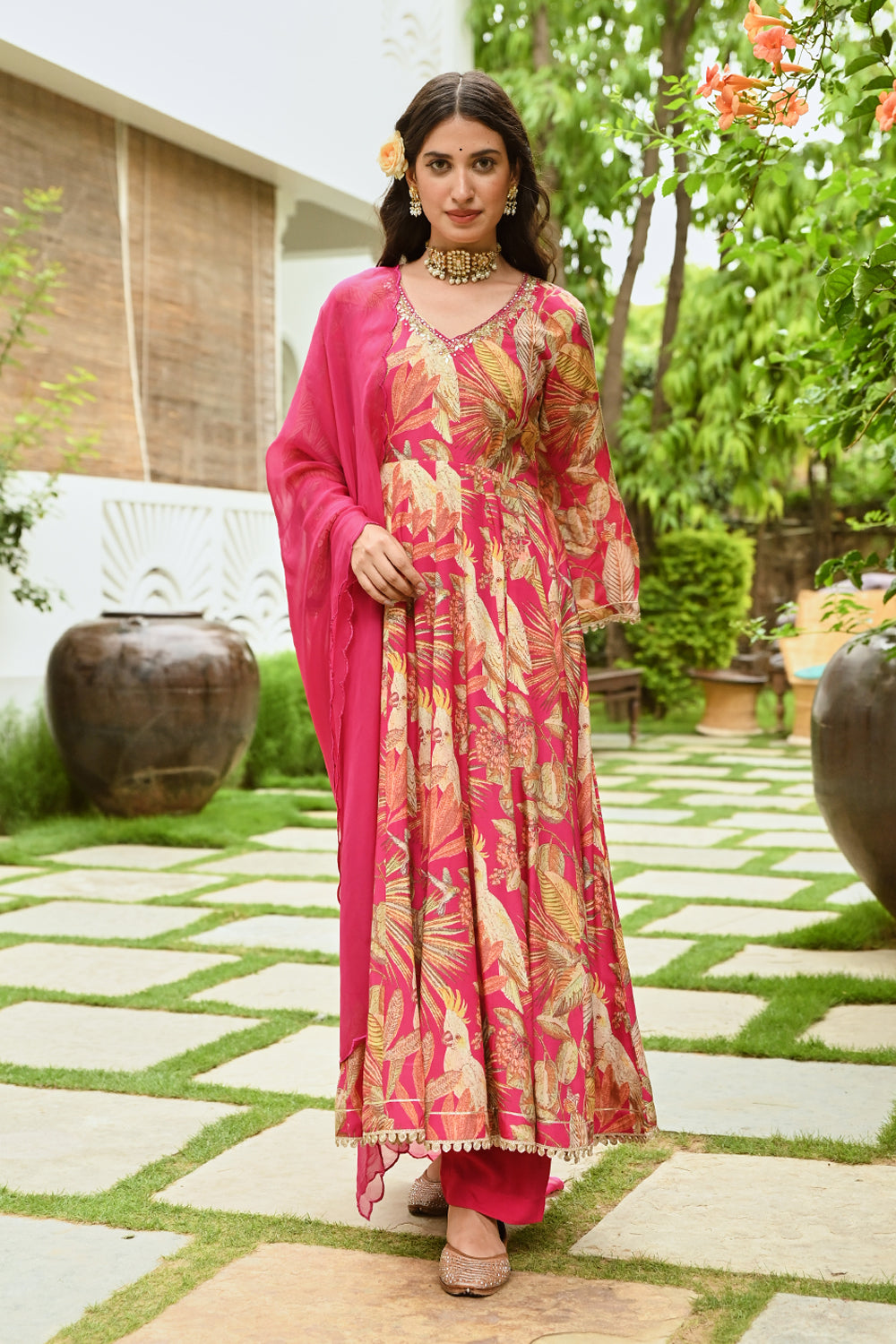 Fuchsia Pink Color Muslin Printed Anarkali Suit